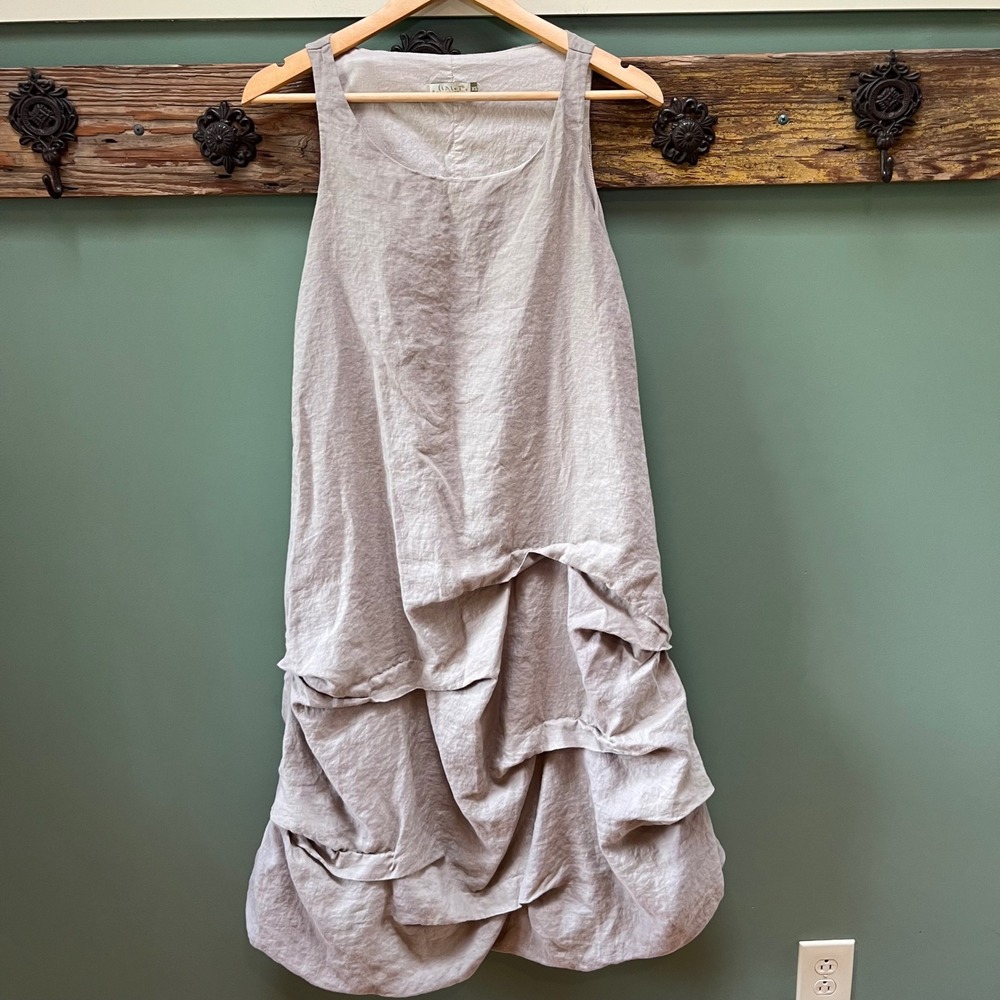 Vintage Chalet XS Linen Lagenlook Bubble Hem Midi Dress Sleeveless Greige 77780